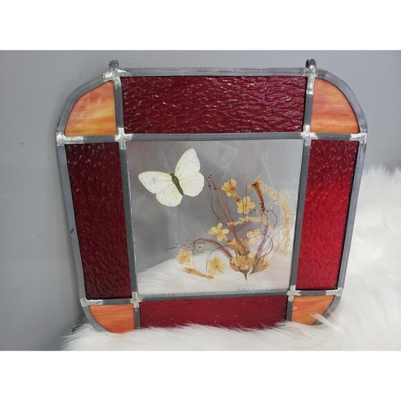 Vintage Real Butterfly Dried Pressed Flower Stained Glass Sun Catcher Decor Boho - Picture 7 of 14